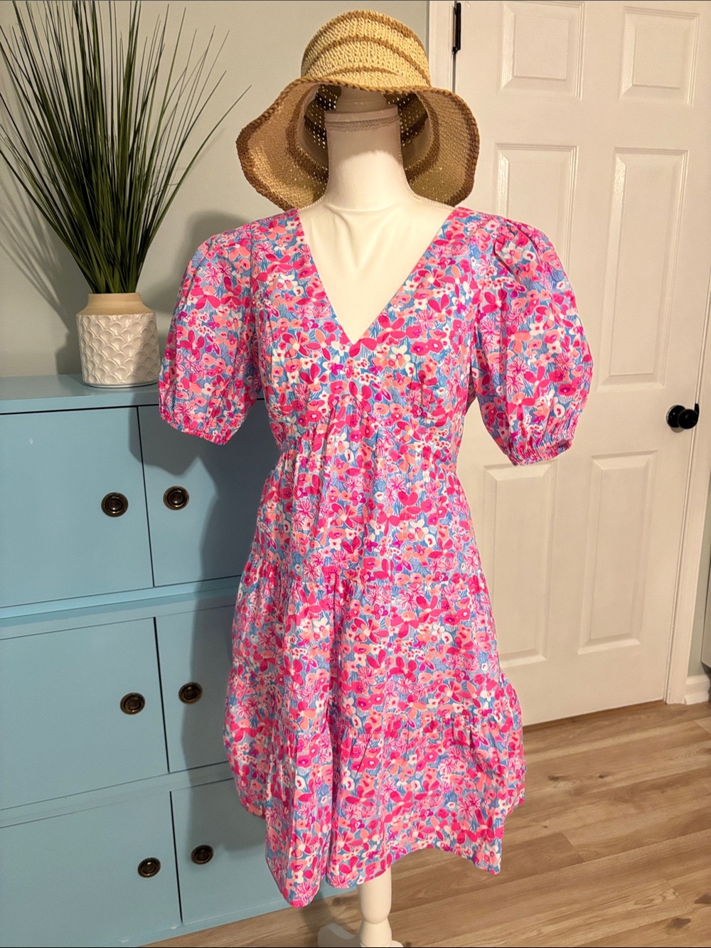 Lilly Pulitzer Pink Floral Puff-Sleeve V-Neck Mini Dress